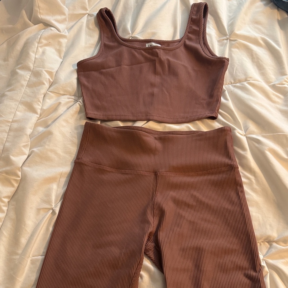 Brown Ribbed Crop Top and Shorts Set